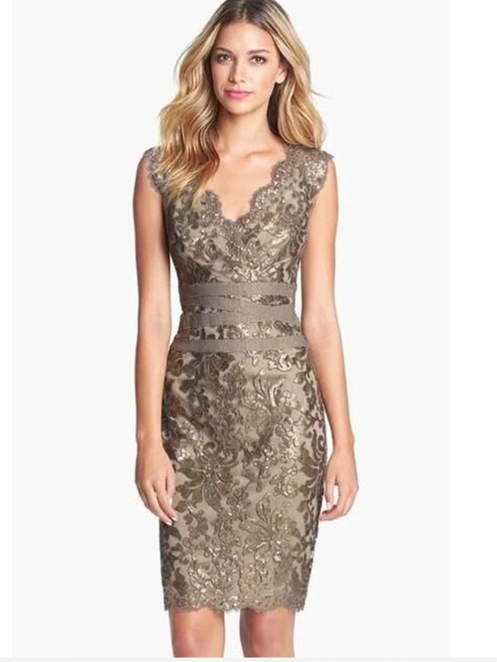 Tadashi shoji lace cocktail dress metallic banded size 6